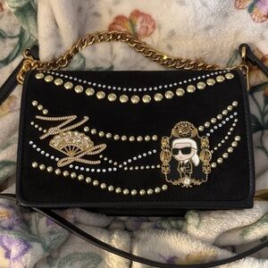Karl Lagerfeld NWOT Crossbody Suede and Leather Bag with Gold Accents